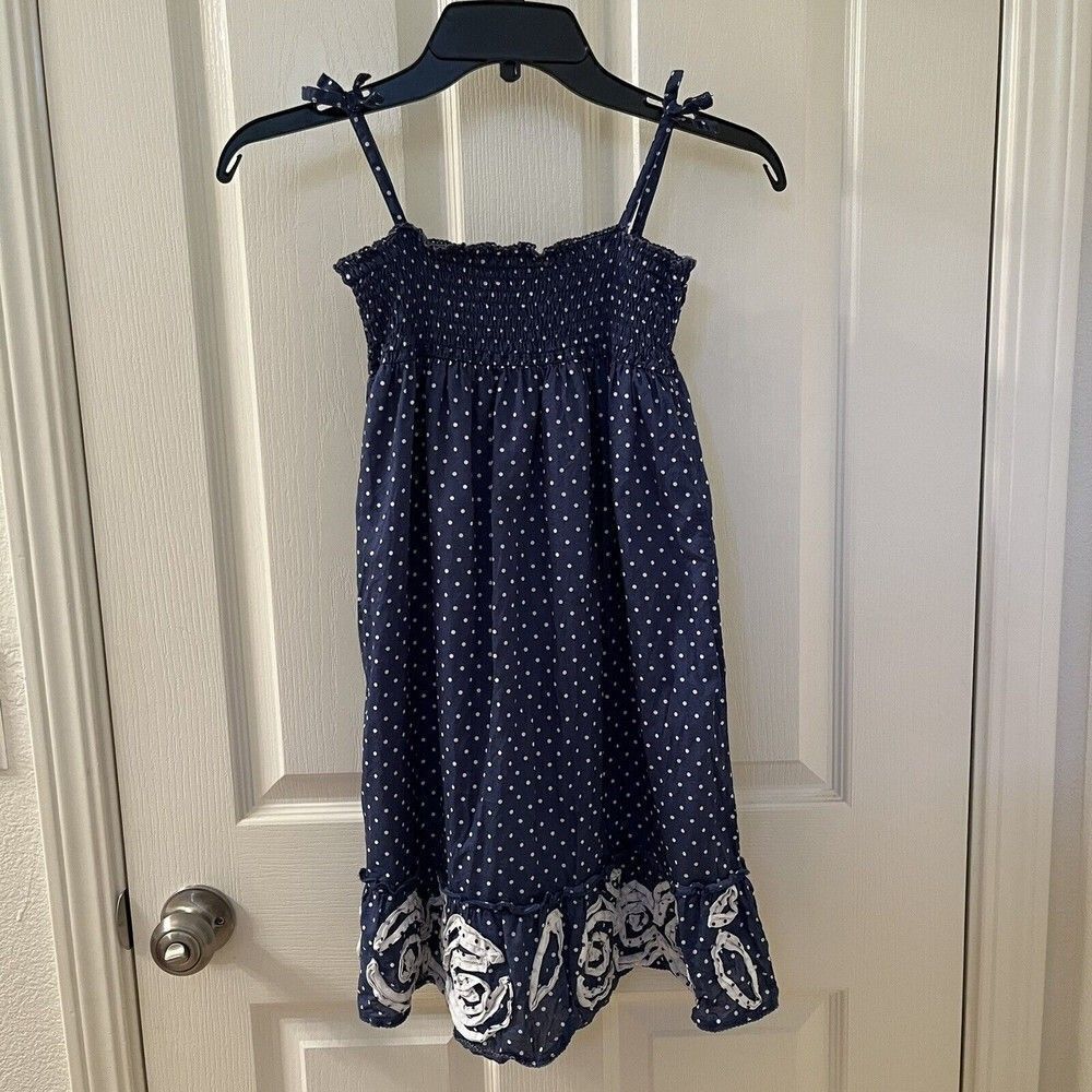 Mini Boden Blue White Polka Dot Smocked Summer Dress Bow Strap Girls Size 5-6